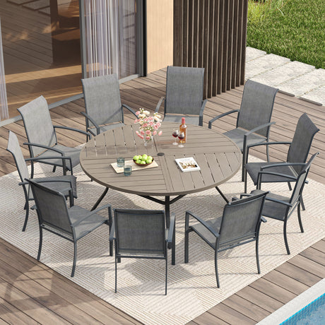 Vicllax 11 PCS Patio Dining Table Set, 60" Round Metal Table with Shelf and Skyline Stackable Chair