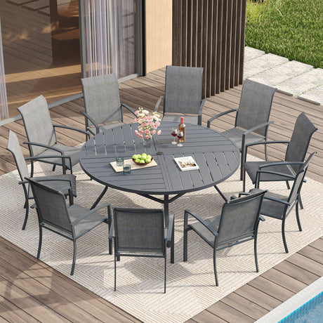 Vicllax 11 PCS Patio Dining Table Set, 60" Round Metal Table with Shelf and Skyline Stackable Chair