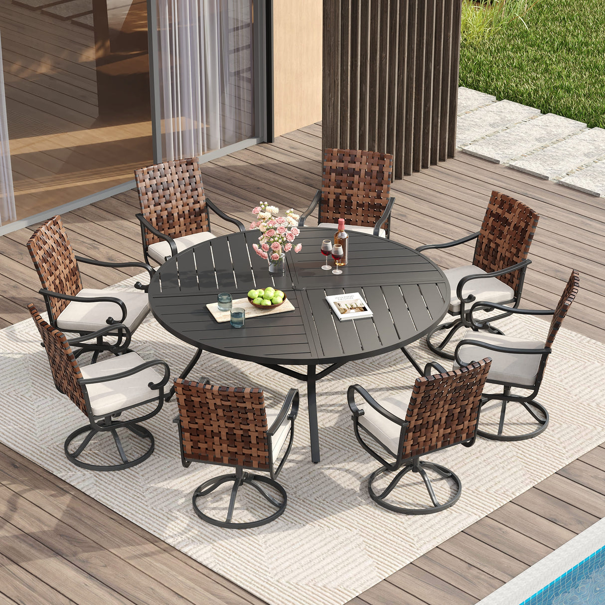 VICLLAX 9 PCS Patio Dining Table Set, 60" Round Metal Table with umbrella Hole and Sierra Swivel Chair