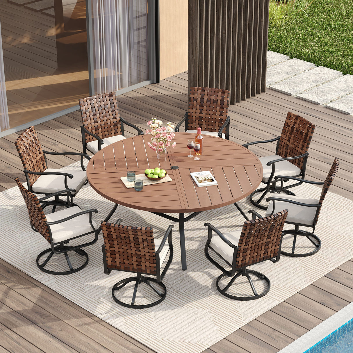 Vicllax 9 PCS Patio Dining Table Set, 60" Round Metal Table and Sienna Swivel Chairs