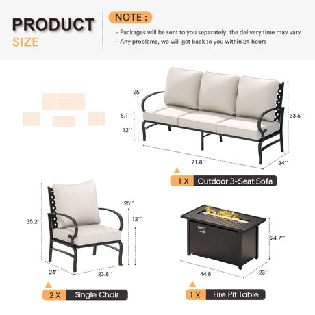 Vicllax 4-Piece Outdoor Patio Conversation Sofa Set With Metal Rectangular Fire Pit Table