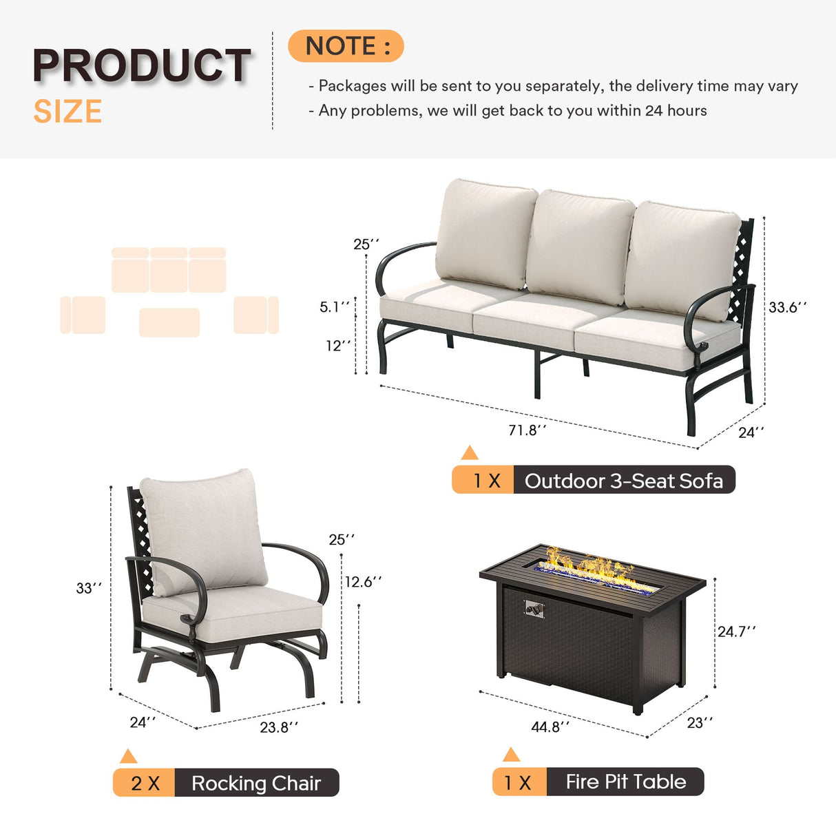 Vicllax 4-Piece Outdoor Patio Conversation Sofa Set With Metal Rectangular Fire Pit Table