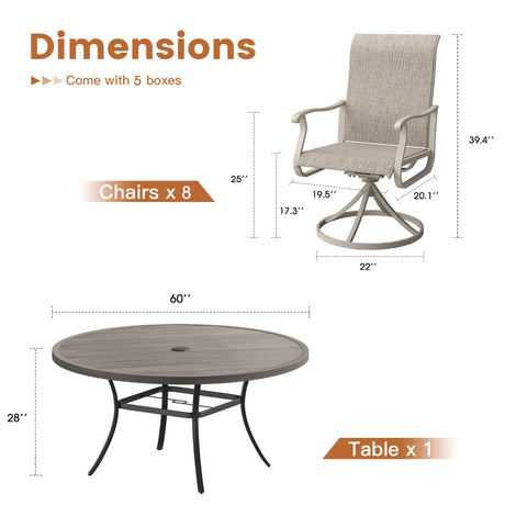 Vicllax 9 Pieces Outdoor Dining Set with 60" Round Dining Table and Premium Swivel Chairs