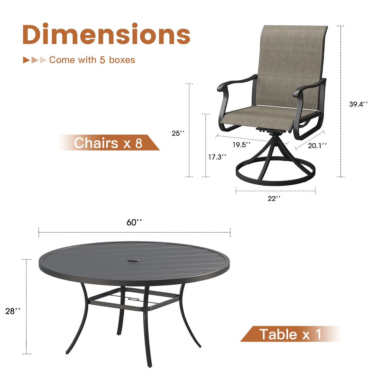 Vicllax 9 Pieces Outdoor Dining Set with 60" Round Dining Table and Premium Swivel Chairs