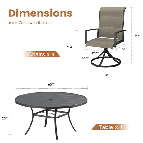 Vicllax 9 Pieces Outdoor Dining Set with 60" Round Dining Table and Premium Swivel Chairs