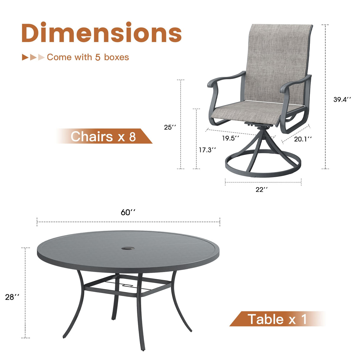 Vicllax 9 Pieces Outdoor Dining Set with 60" Round Dining Table and Premium Swivel Chairs