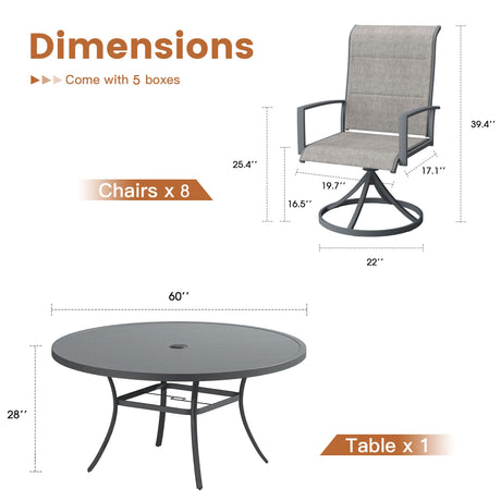 Vicllax 9 Pieces Outdoor Dining Set with 60" Round Dining Table and Premium Swivel Chairs