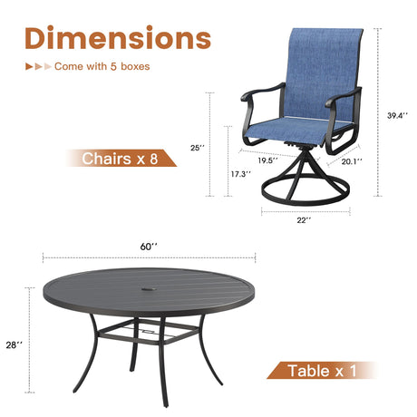 Vicllax 9 Pieces Outdoor Dining Set with 60" Round Dining Table and Premium Swivel Chairs