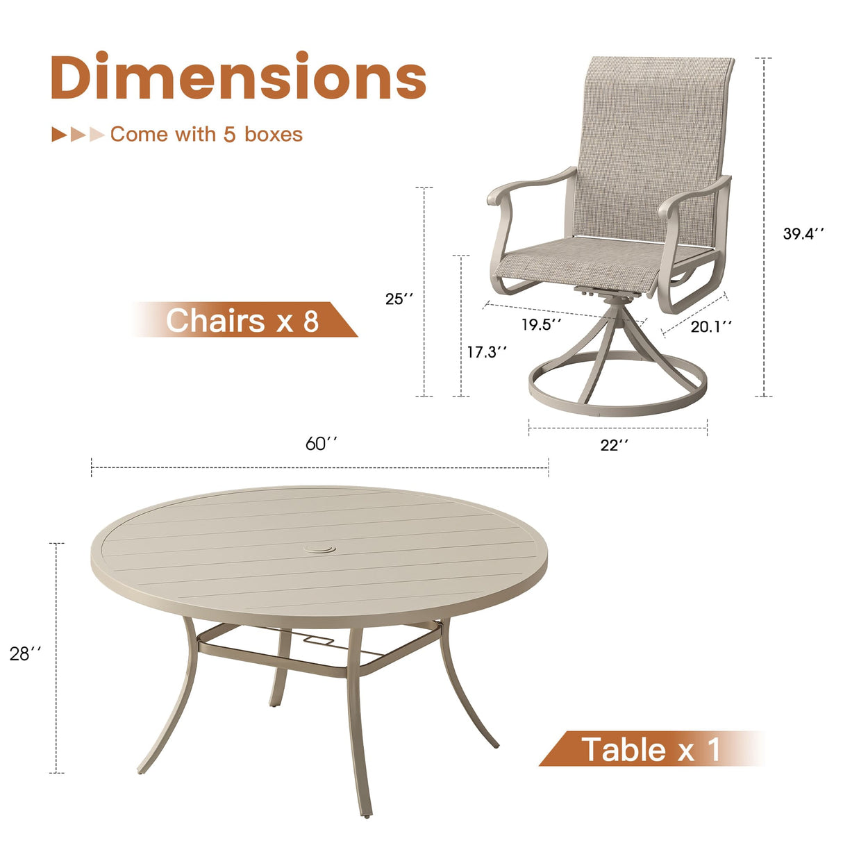 Vicllax 9 Pieces Outdoor Dining Set with 60" Round Dining Table and Premium Swivel Chairs