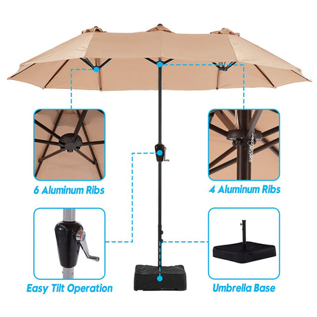 Vicllax 15ft Patio Double Sided Market Umbrella with Stand and Base, Outdoor Umbrella with Crank