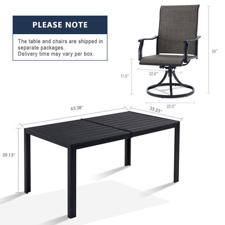 Vicllax Juego de muebles de patio de 7 piezas, mesa de comedor para exteriores para 6 personas y sillas giratorias de patio 