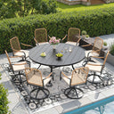 Vicllax 9-Piece Outdoor Dining Set, 60” Round Metal Table with Umbrella Hole & 8 Swivel Rope-woven Chair