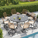 Vicllax 9-Piece Outdoor Dining Set, 60” Round Metal Table with Umbrella Hole & 8 Swivel Rope-woven Chair