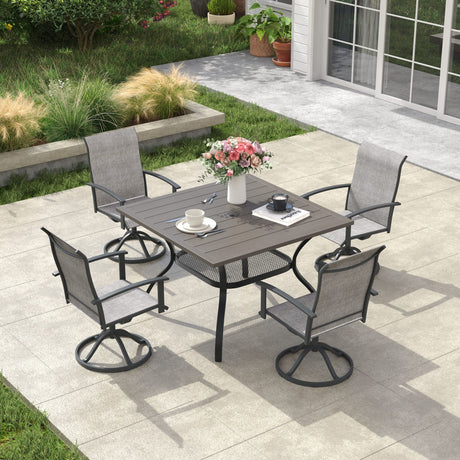 Vicllax 5 Pcs Outdoor Dining Set, Square Metal Table with Storage Shelf and 4 Swivel Chairs