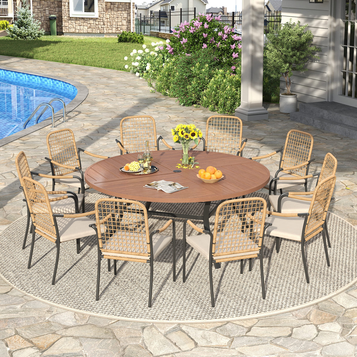 Vicllax 11 PCS Patio Dining Table Set, 63" Round Metal Table and Solana Stackable Chair