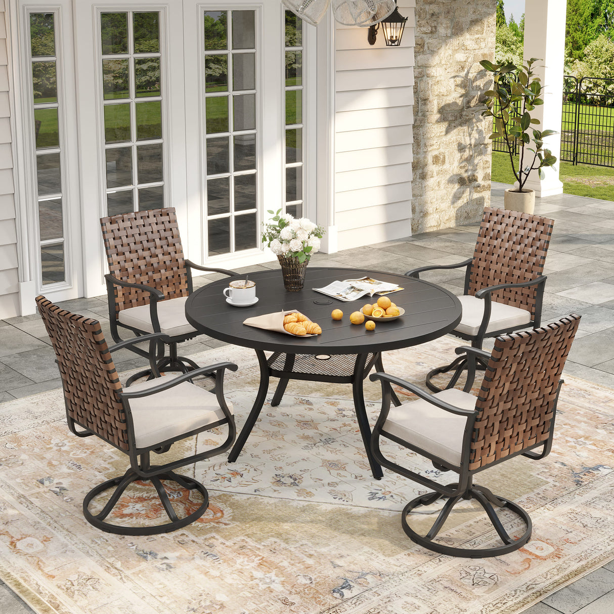 Vicllax 5 PCS Patio Dining Table Set, Round Metal Table and 4 Padded Swivel Chairs