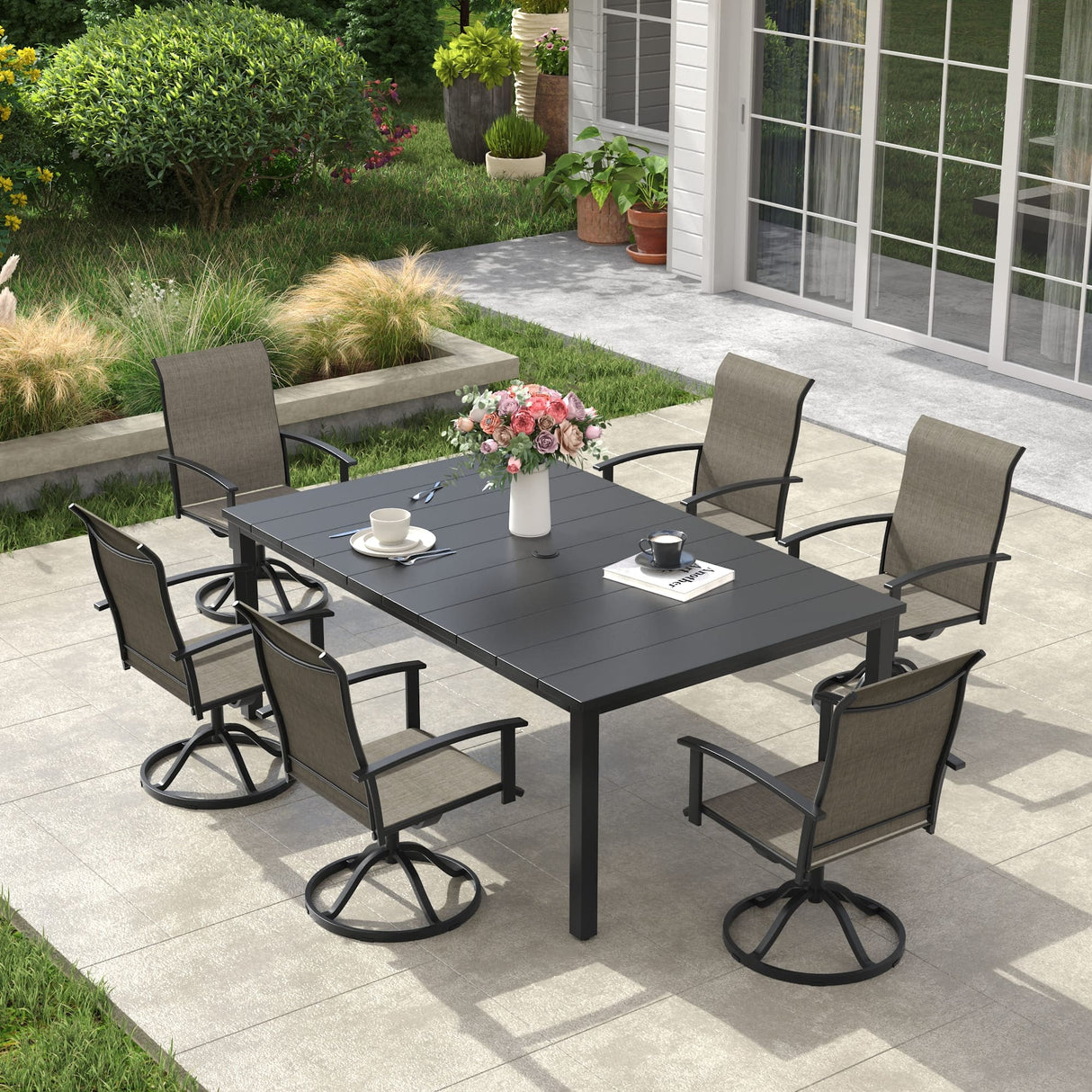 Vicllax 7 pcs Outdoor Dining Set,  Rectangular Metal Table and 6 Textilene Swivel Dining Chairs
