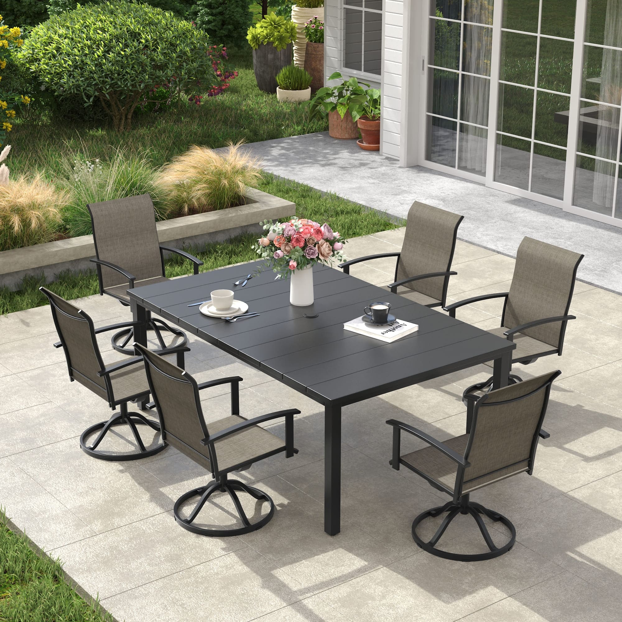 Vicllax 7 Pieces Outdoor Dining Set, Patio Rectangular Metal Table and Textilene Swivel Dining Chairs