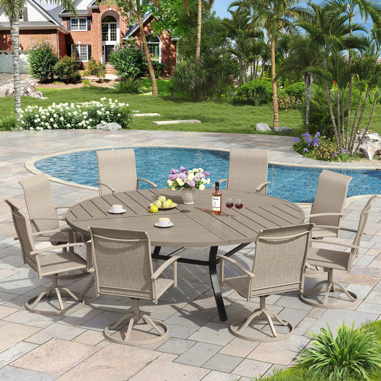 VICLLAX 9-pcs Outdoor Dining Set, 60” Round Metal Table with Umbrella Hole & 8 Swivel Textilene Chairs