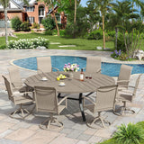 VICLLAX 9-pcs Outdoor Dining Set, 60” Round Metal Table with Umbrella Hole & 8 Swivel Textilene Chairs