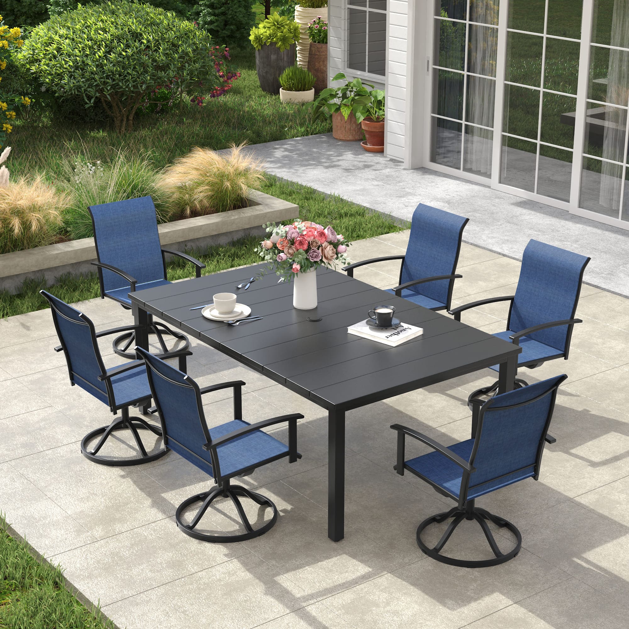 Vicllax 7 Pieces Outdoor Dining Set, Patio Rectangular Metal Table and Textilene Swivel Dining Chairs
