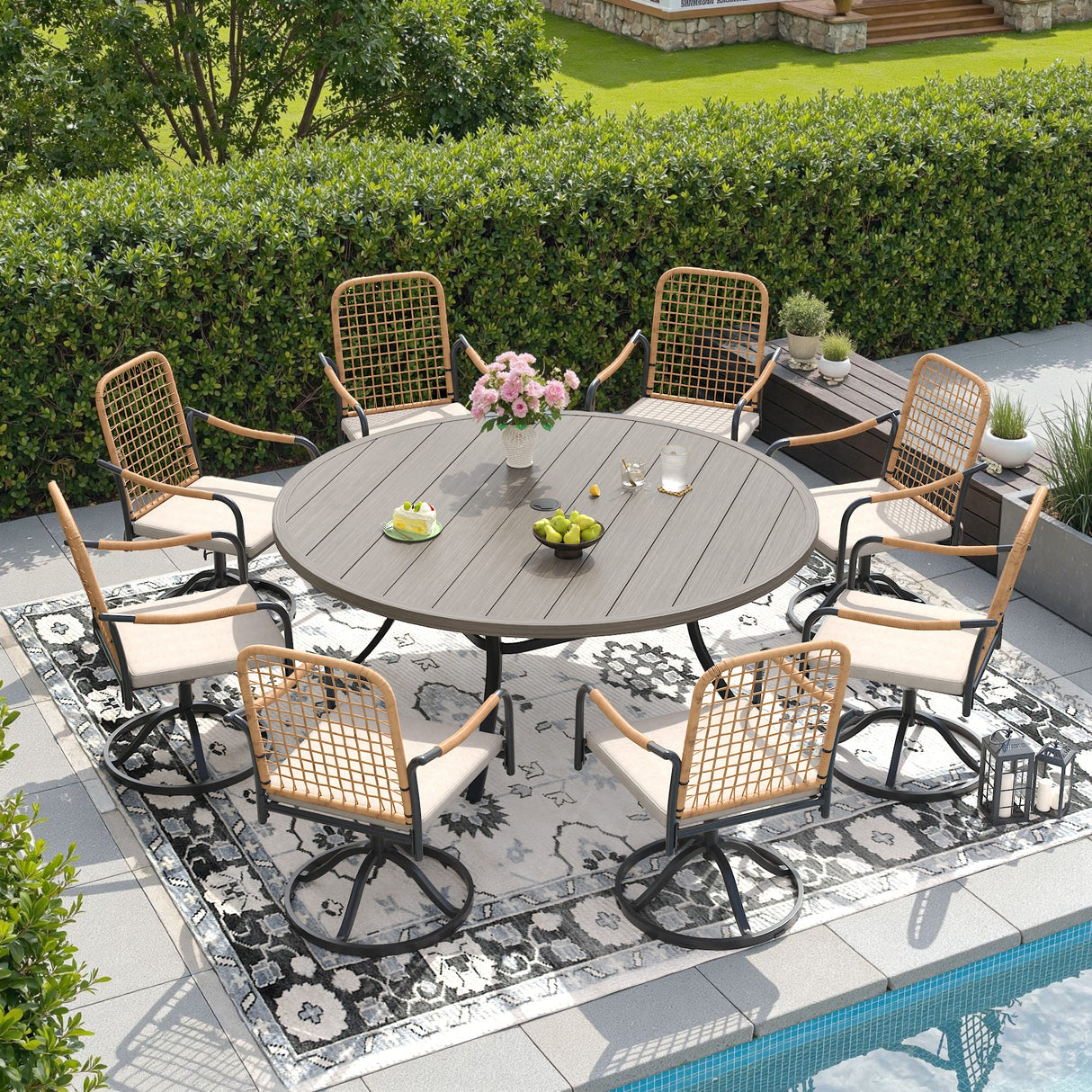 Vicllax 9-Piece Outdoor Dining Set, 60” Round Metal Table with Umbrella Hole & 8 Swivel Rope-woven Chair