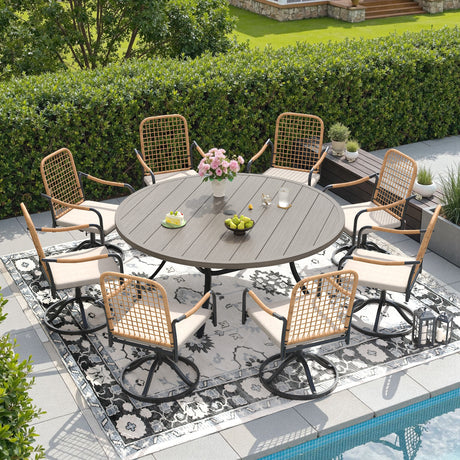 Vicllax 9-Piece Outdoor Dining Set, 63” Round Metal Table with Umbrella Hole & Solana Swivel Chair