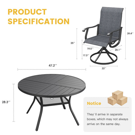 Vicllax Juego de comedor para exterior de 5 piezas con mesa redonda de metal de 42" y 4 sillas giratorias acolchadas