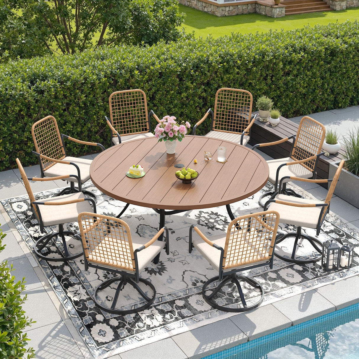 Vicllax 9-Piece Outdoor Dining Set, 60” Round Metal Table with Umbrella Hole & 8 Swivel Rope-woven Chair