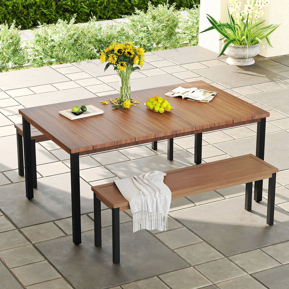 Vicllax 3-Piece Rectangular Metal Outdoor Dining Table and Bench Set