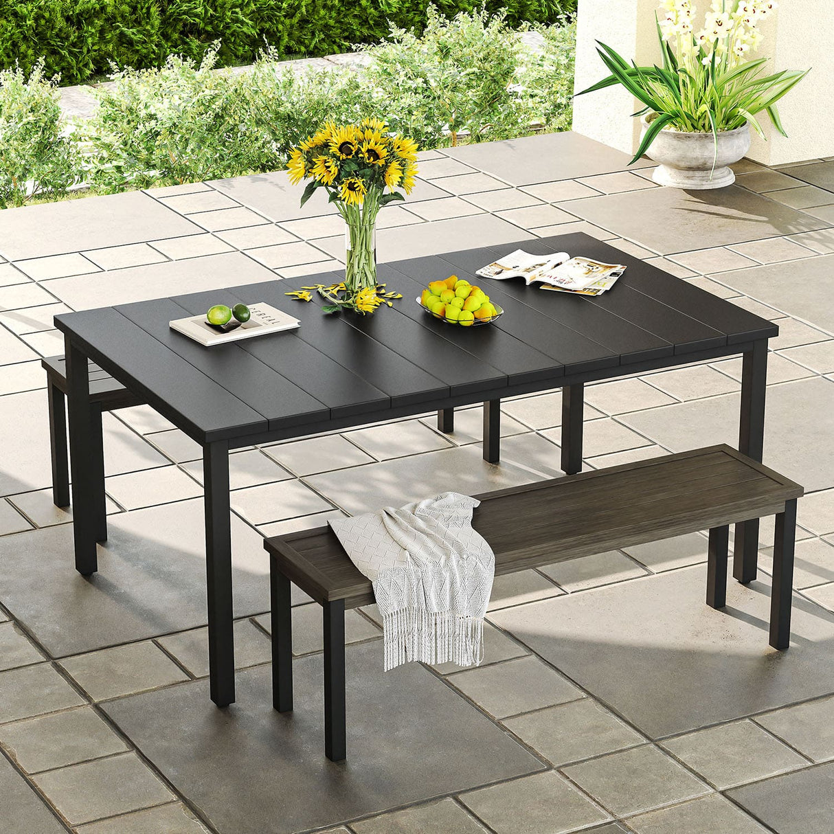 Vicllax 3-Piece Rectangular Metal Outdoor Dining Table and Bench Set
