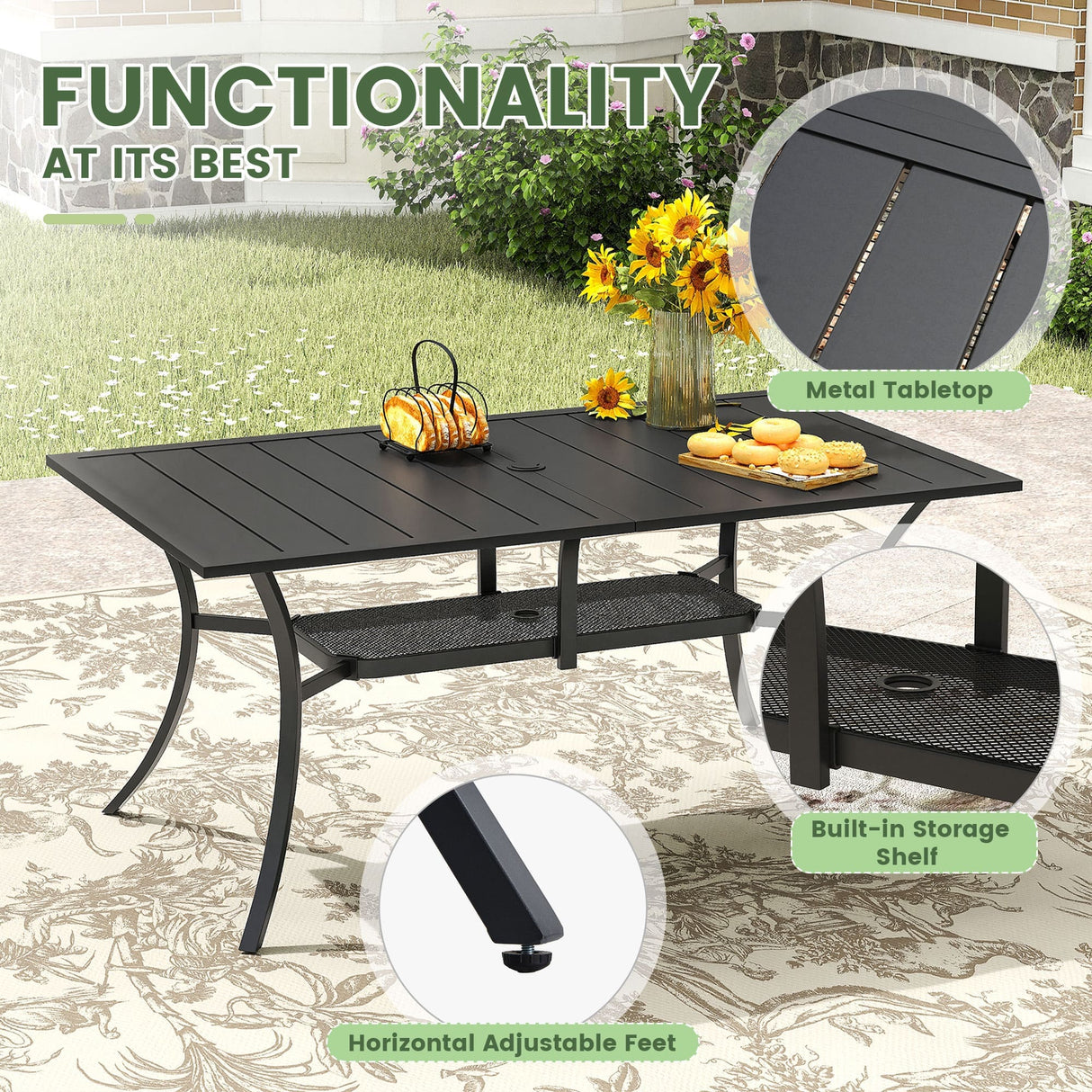 Vicllax Outdoor Dining Table for 6, Patio Metal Curved Steel Slat Table with Umbrella Hole