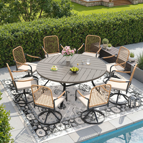 Viclla 9-Piece Outdoor Dining Set, 60” Round Metal Table with Umbrella Hole & Solana Swivel Chair