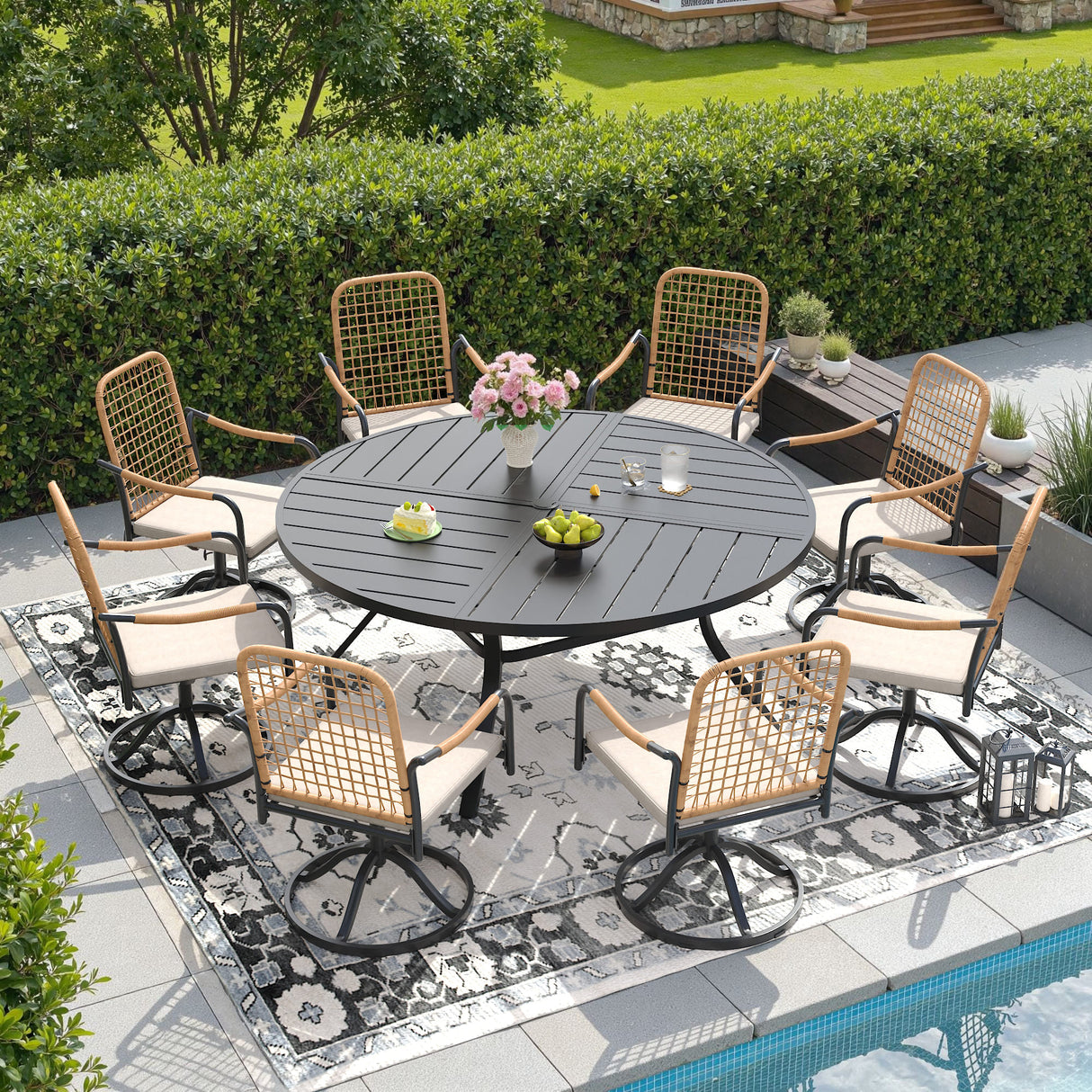 Viclla 9-Piece Outdoor Dining Set, 60” Round Metal Table with Umbrella Hole & Solana Swivel Chair