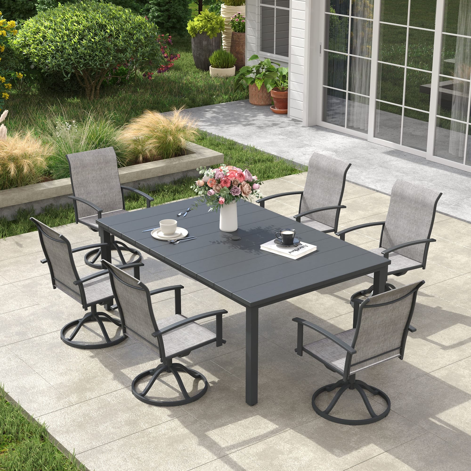 Vicllax 7 Pieces Outdoor Dining Set, Patio Rectangular Metal Table and Textilene Swivel Dining Chairs