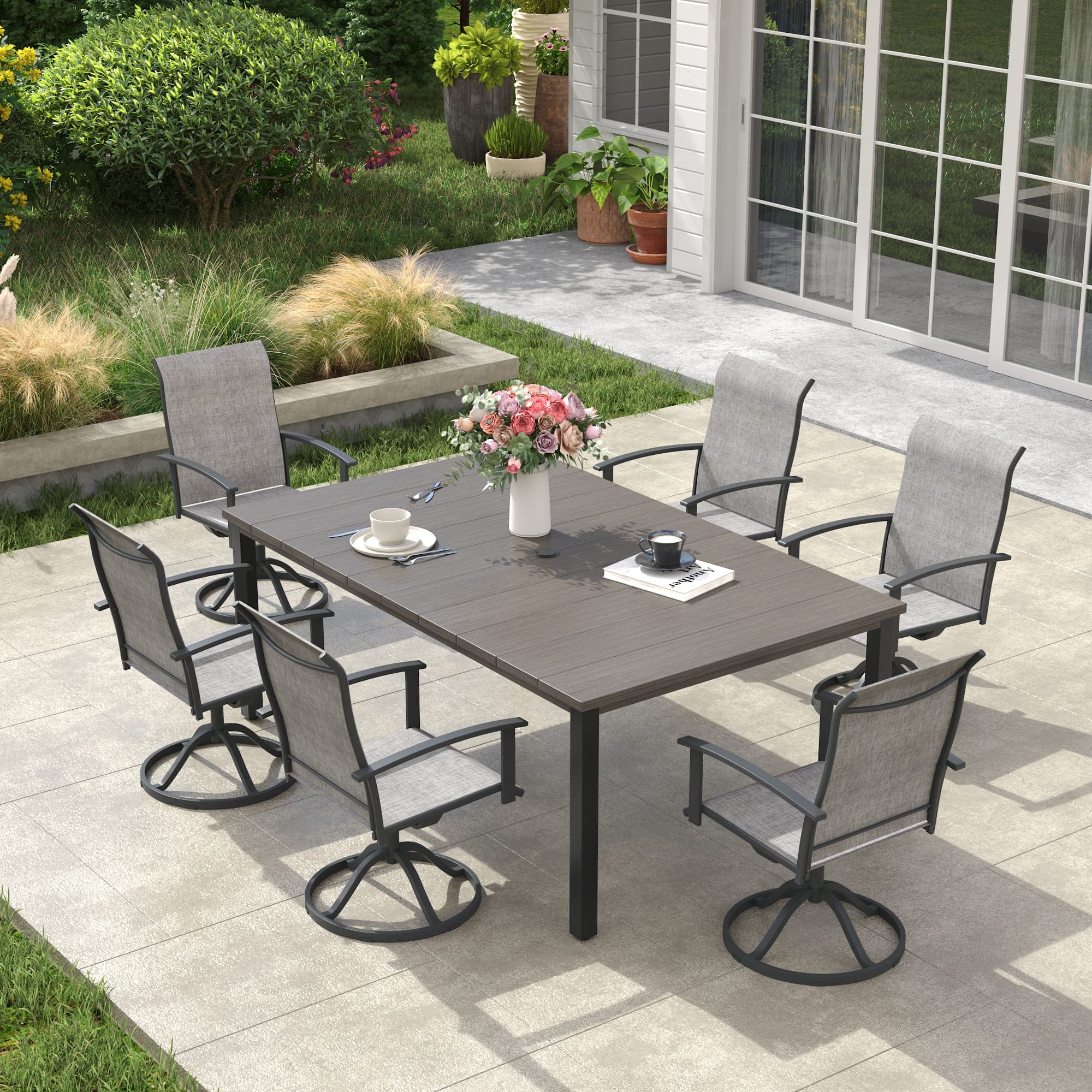 Vicllax 7 Pieces Outdoor Dining Set, Patio Rectangular Metal Table and Textilene Swivel Dining Chairs