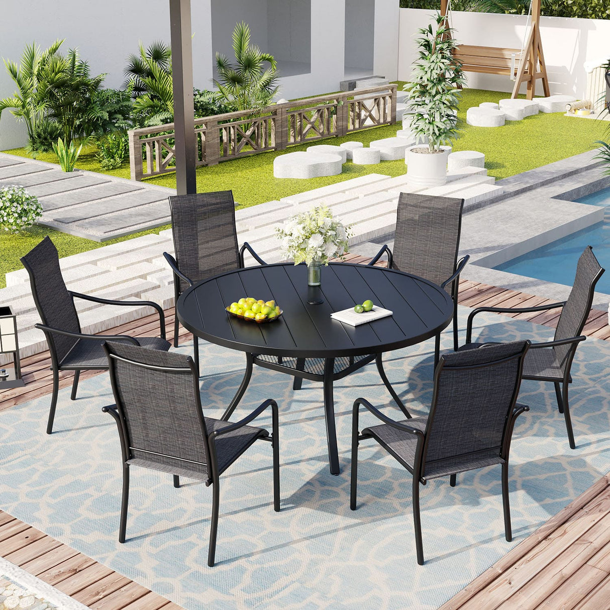 Vicllax 5 Pcs Outdoor Dining Set with 40.6" Round Metal Table and High Back Stackable Chair