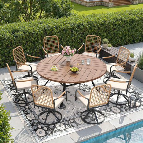 Viclla 9-Piece Outdoor Dining Set, 60” Round Metal Table with Umbrella Hole & Solana Swivel Chair
