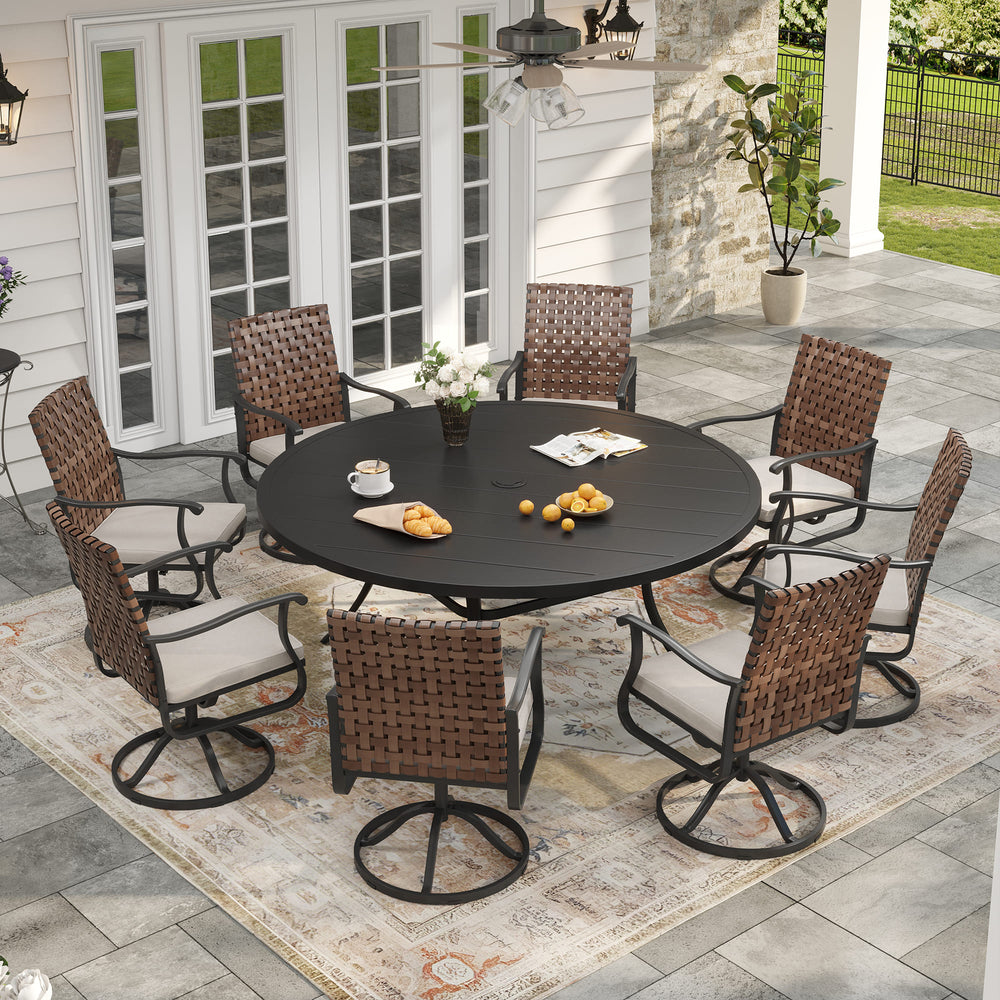 Vicllax 9 PCS Patio Dining Table Set, 60" / 63" Round Metal Table and Sienna Swivel Chairs
