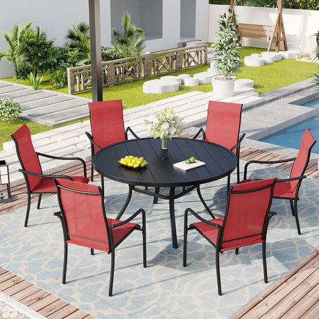Vicllax 5/7 Pcs Outdoor Dining Set with Round Metal Table and High Back Stackable Chair