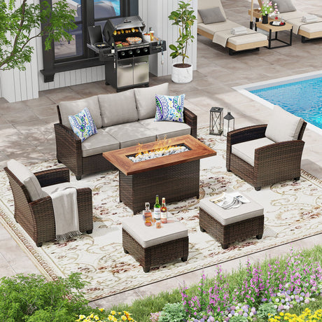 Vicllax Versatile Wicker Patio Set: 6 Pieces with Fire Table and Ottoman