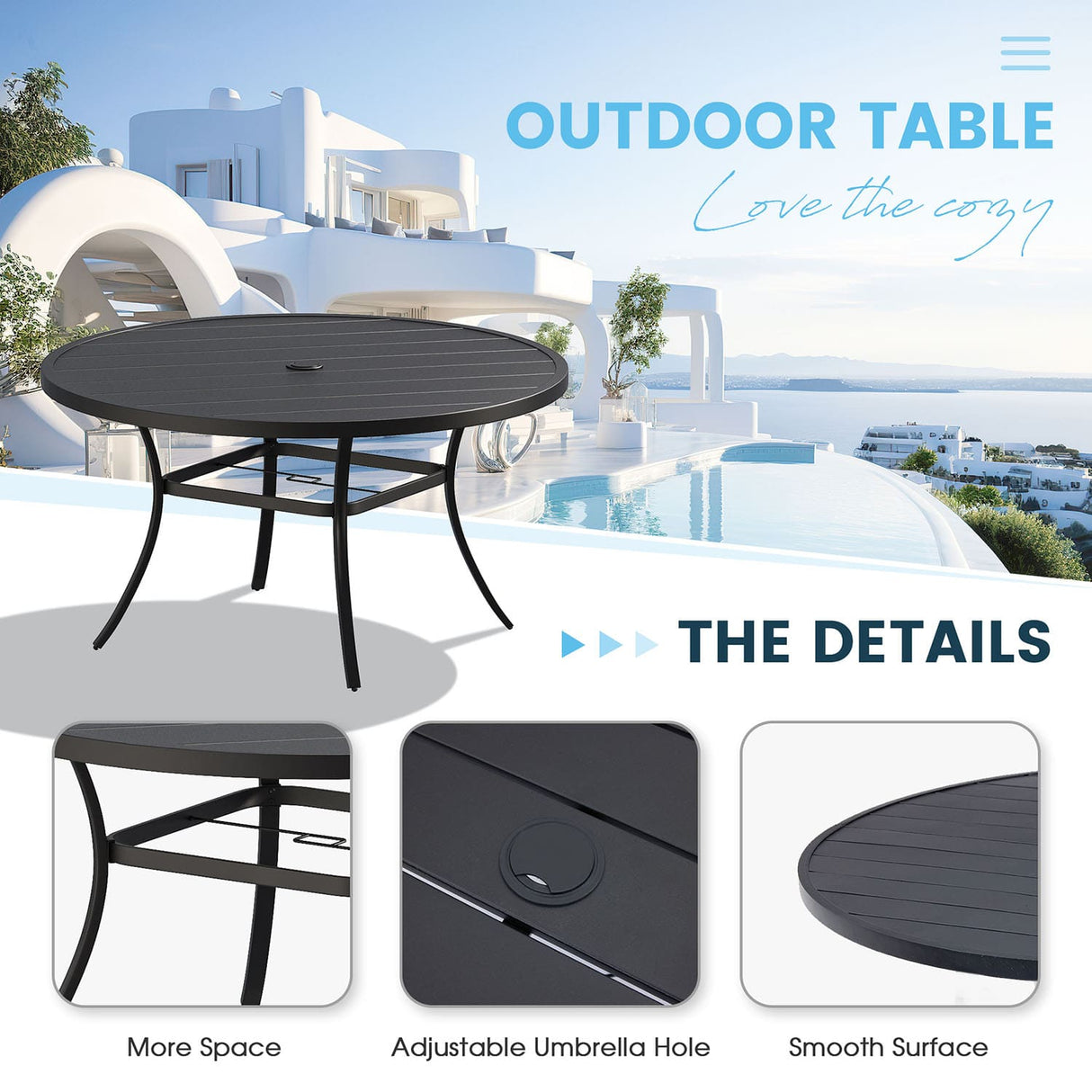 Vicllax Juego de comedor para exterior de 7 piezas con mesa redonda de metal de 48" y sillas con apoyabrazos