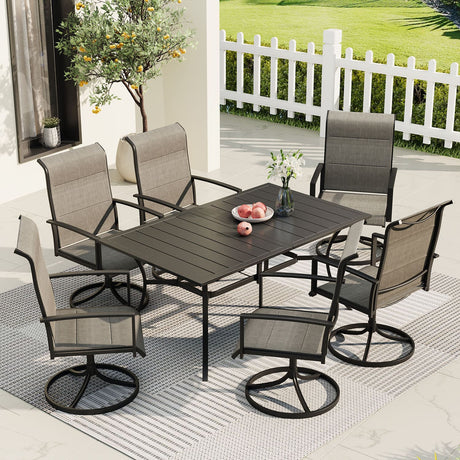 Vicllax Juego de comedor de exterior de 7 piezas con mesa rectangular de metal y sillas giratorias de textileno