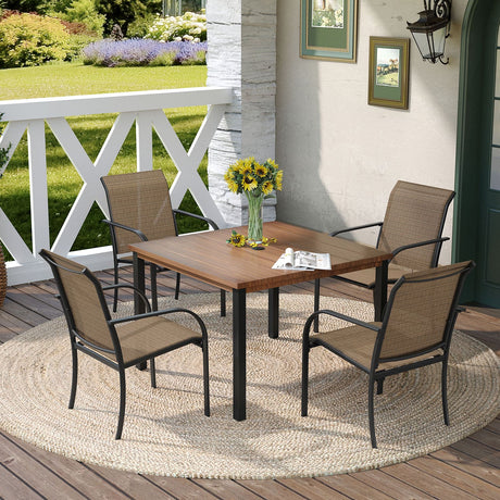 Vicllax Juego de comedor para patio al aire libre de 7 piezas con sillas apilables de textileno y mesa de comedor curvada