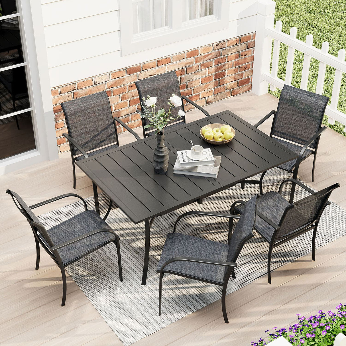 Vicllax 7 Pieces Outdoor Dining Set with Curved Dining Table and Stackable Sling Chair
