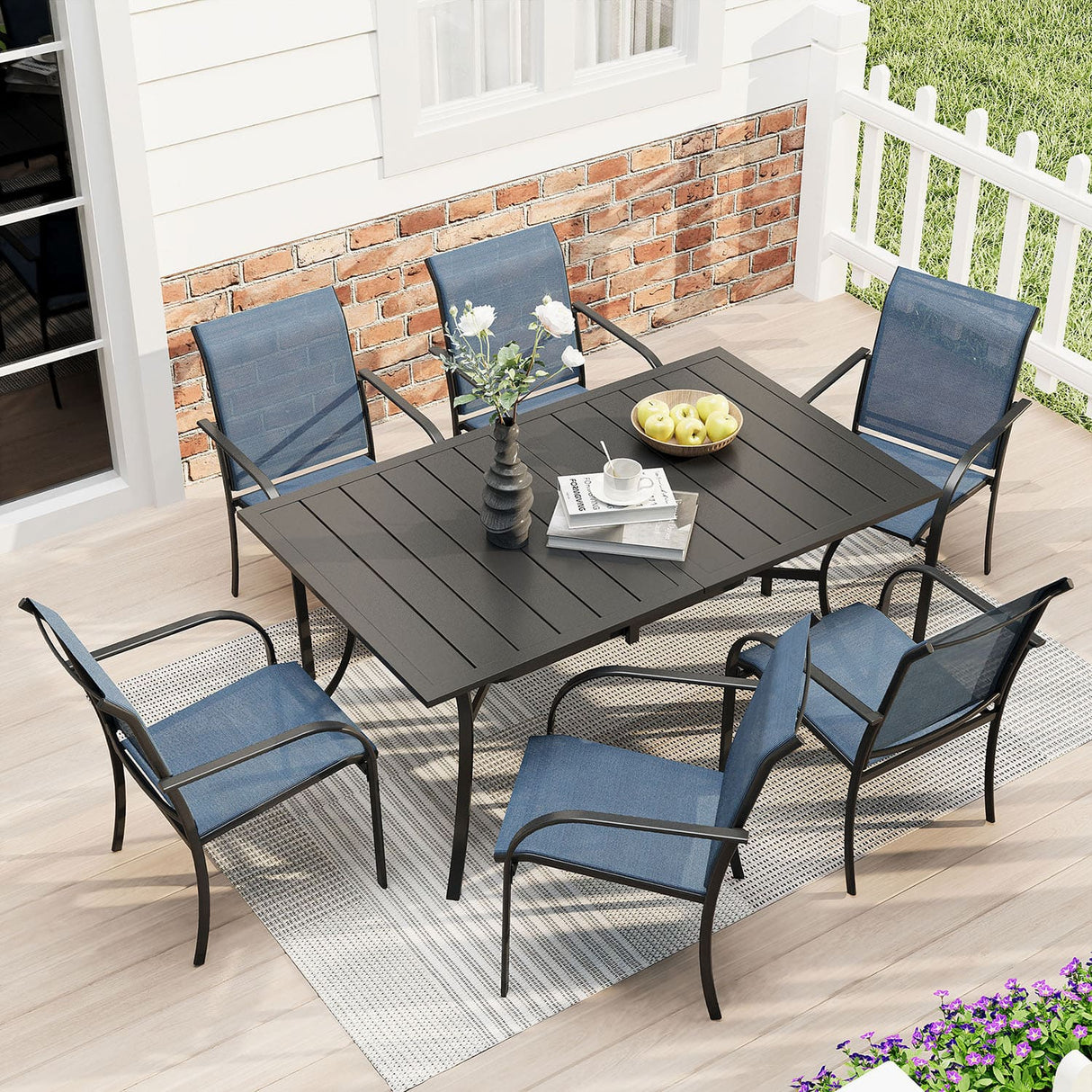 Vicllax 7 Pieces Outdoor Dining Set with Curved Dining Table and Stackable Sling Chair