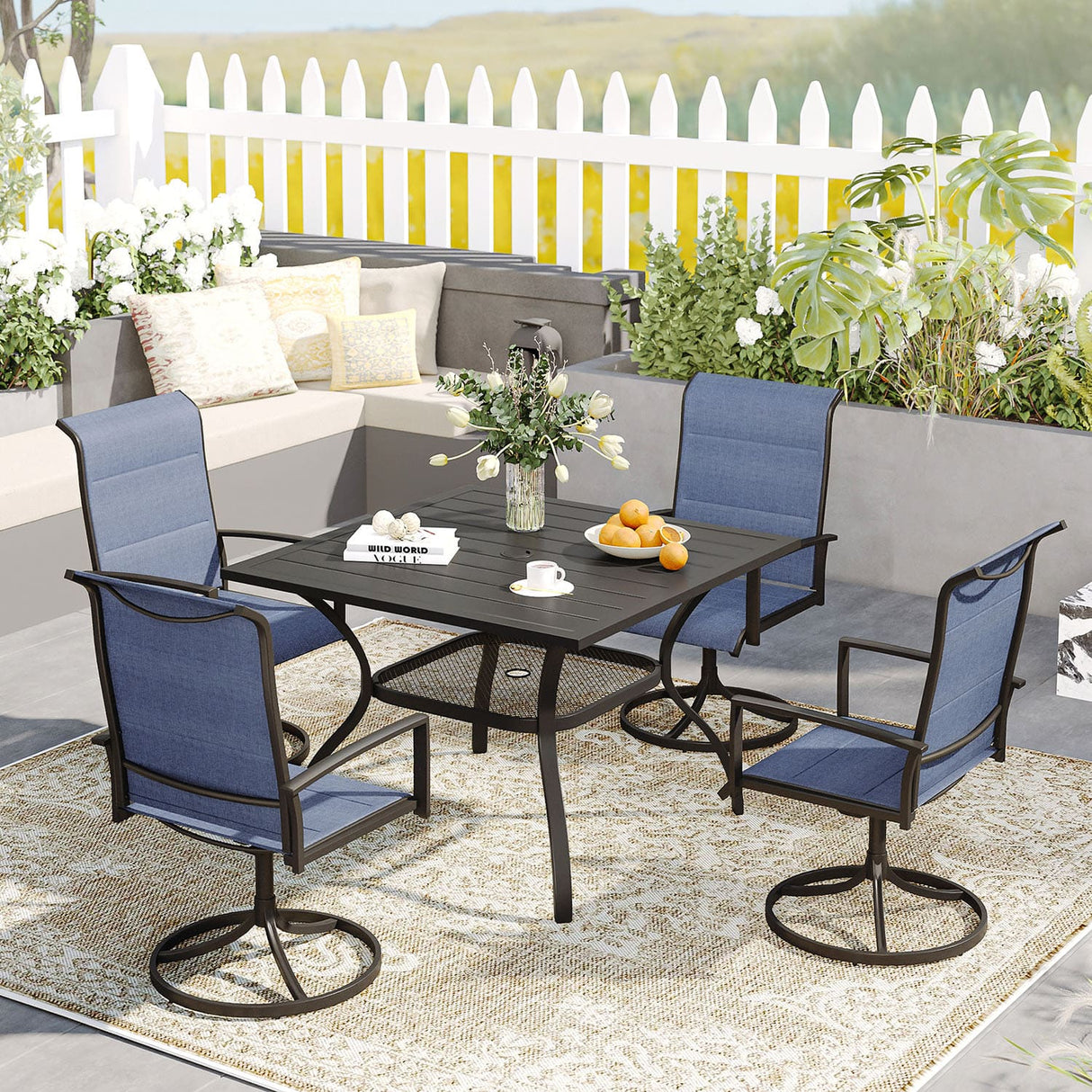 Vicllax 5 Pieces Outdoor Dining Set with Square Table and Padded Swivel Chairs