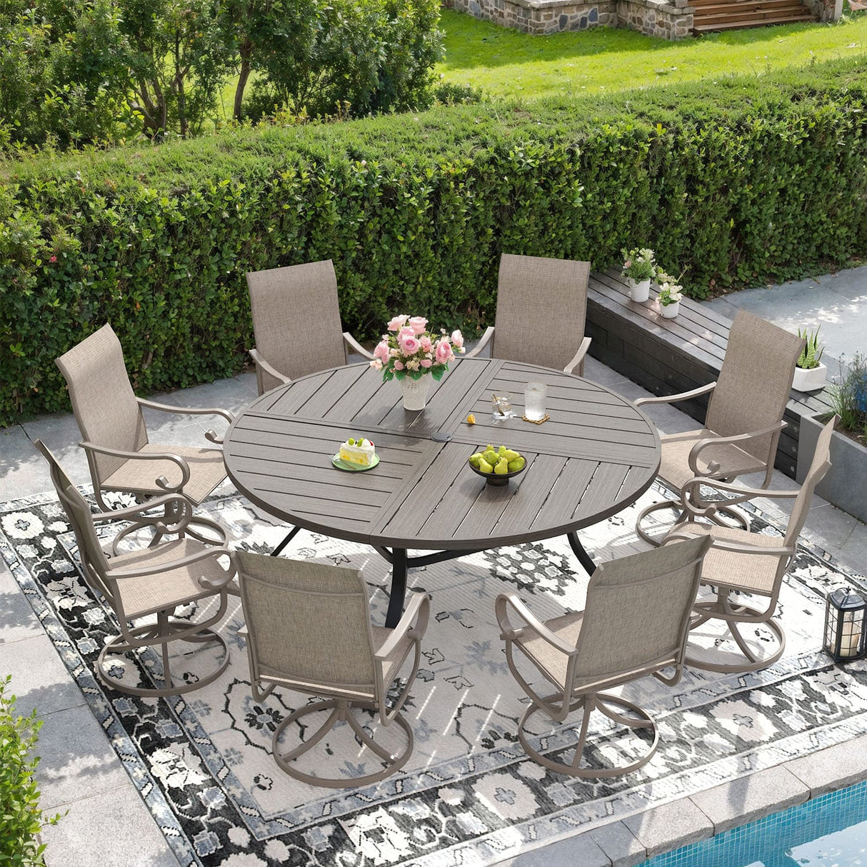 Vicllax 59.8" Patio Round Dining Table Set of 8, Metal Dining Table and Swivel Dining Chairs