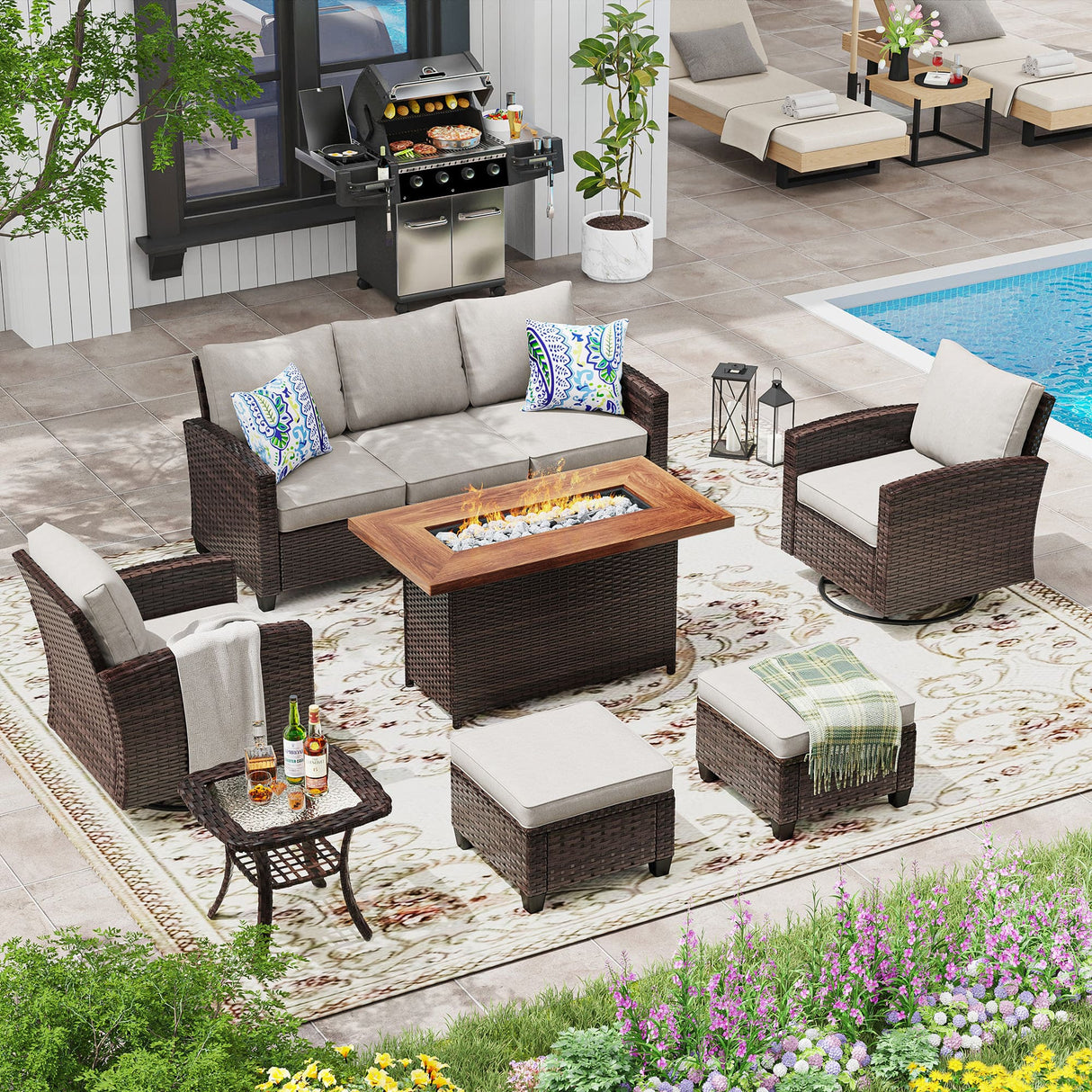 Vicllax Versatile Wicker Patio Set: 6 Pieces with Fire Table and Ottoman