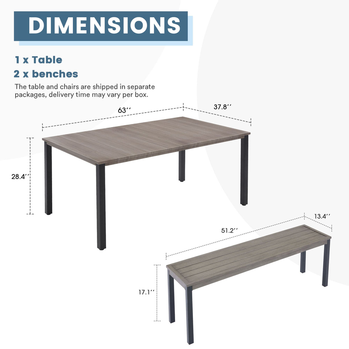Vicllax 3-Piece Rectangular Metal Outdoor Dining Table and Bench Set